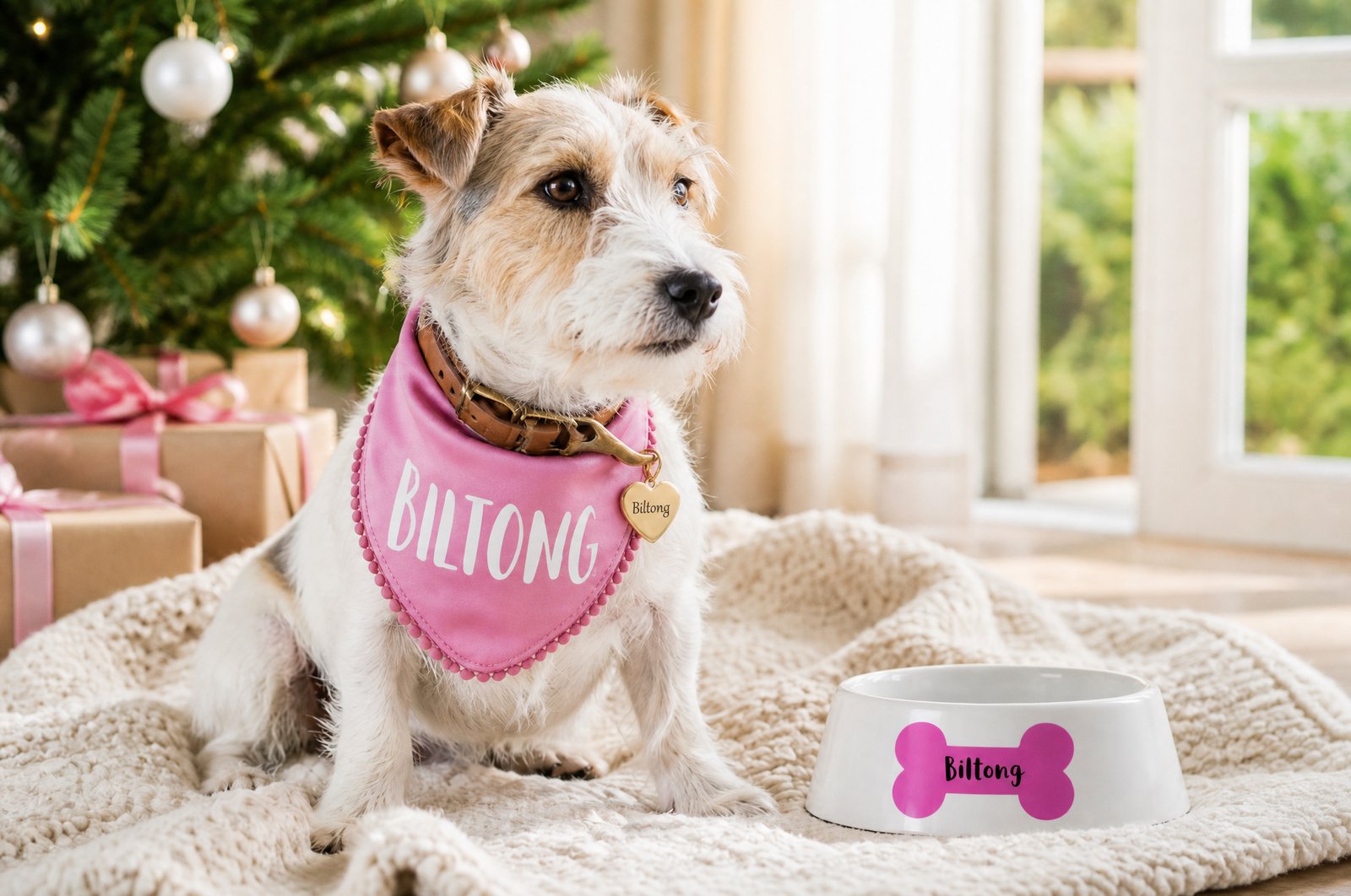 Christmas gifts for dog lovers from Wild Mongoo: a pink name bandanna, a gold heart pet tag and a bone bowl