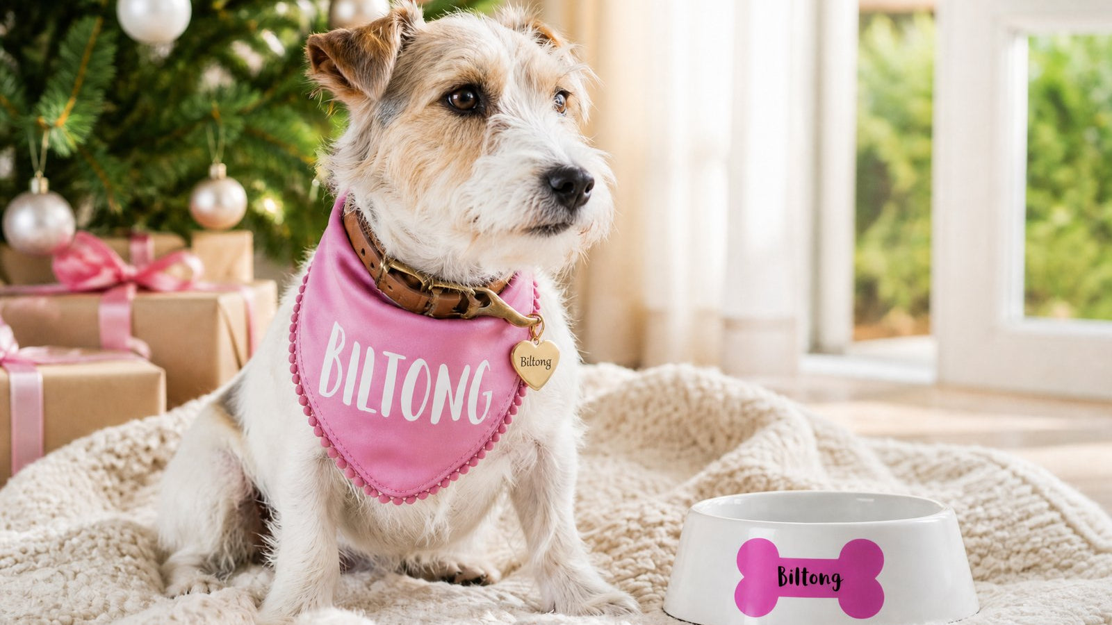 Christmas gifts for dog lovers from Wild Mongoo: a pink name bandanna, a gold heart pet tag and a bone bowl