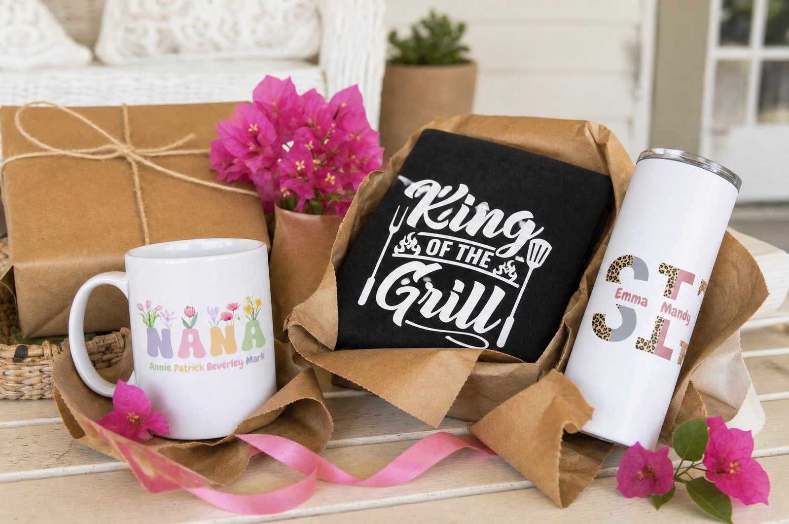 Personalised Christmas gifts from Wild Mongoo: a Nana name mug, King of the Grill apron and Sister tumbler