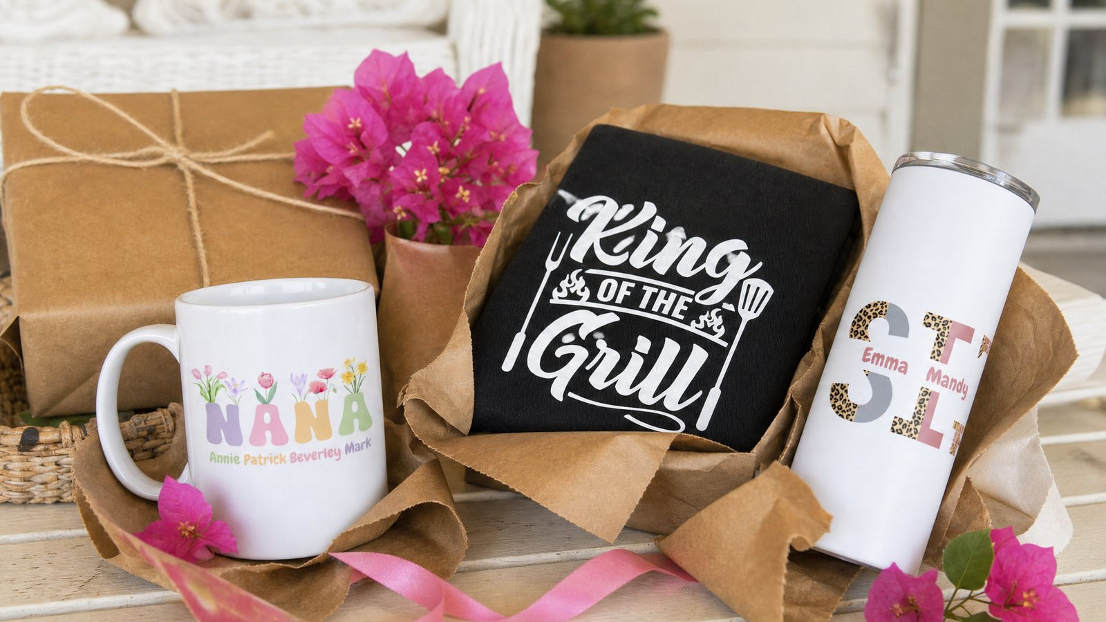 Personalised Christmas gifts from Wild Mongoo: a Nana name mug, King of the Grill apron and Sister tumbler