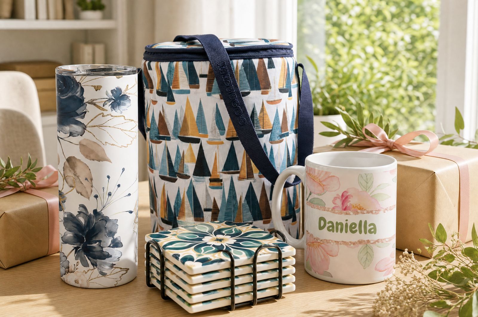 Corporate Christmas gifts from Wild Mongoo: a navy floral tumbler, a sailboat wine cooler, coasters and a name mug