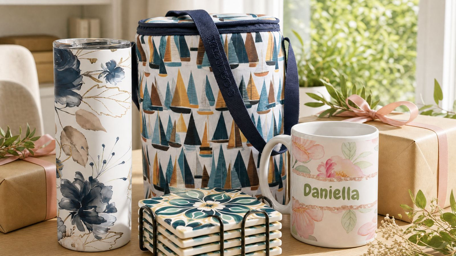 Corporate Christmas gifts from Wild Mongoo: a navy floral tumbler, a sailboat wine cooler, coasters and a name mug