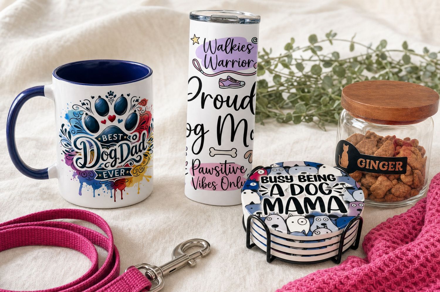 Dog mom gifts from Wild Mongoo: Best Dog Dad Ever mug, Proud Dog Mom tumbler, dog coaster set and a named treat jar