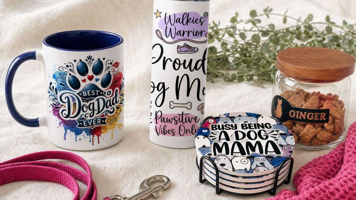 Dog mom gifts from Wild Mongoo: Best Dog Dad Ever mug, Proud Dog Mom tumbler, dog coaster set and a named treat jar