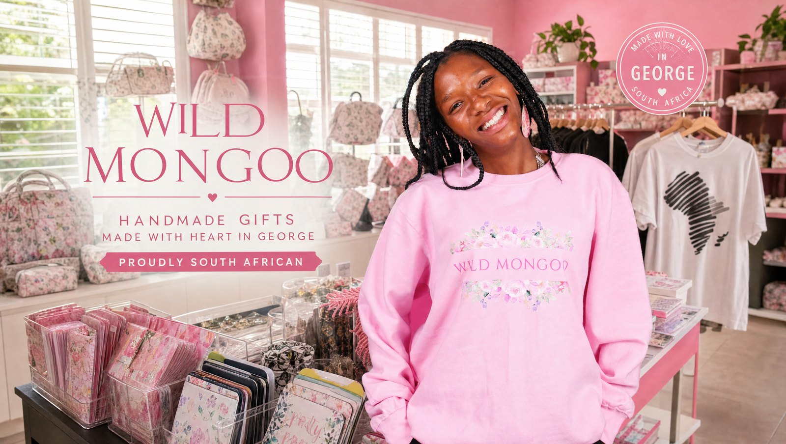 Wild Mongoo's Xoliswa Foshini in the brand's pink George shop full of handmade gifts - giving back in South Africa every day