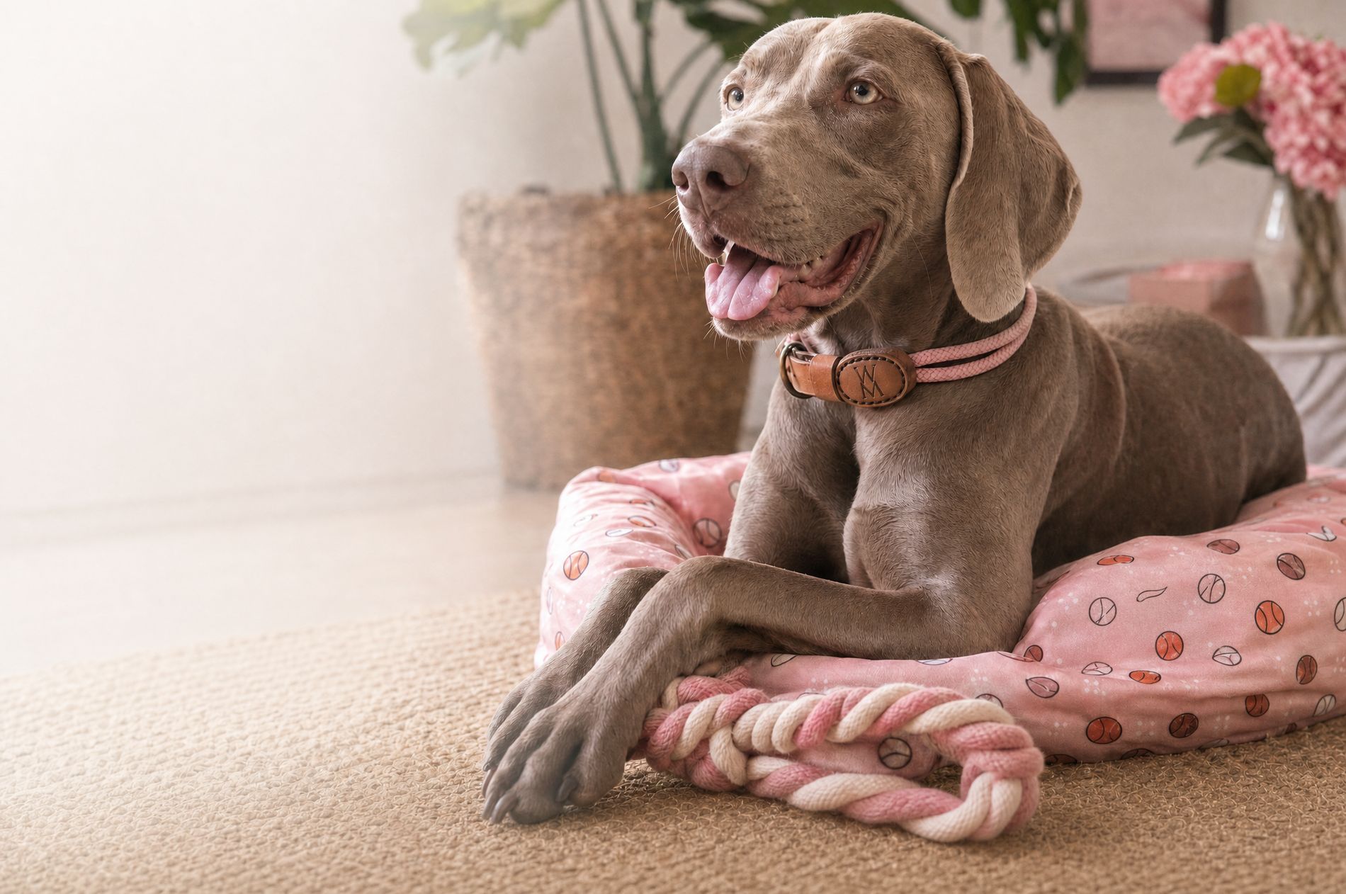 A dog wearing a handmade Wild Mongoo rope collar, resting on a printed pet bed with a rope toy nearby