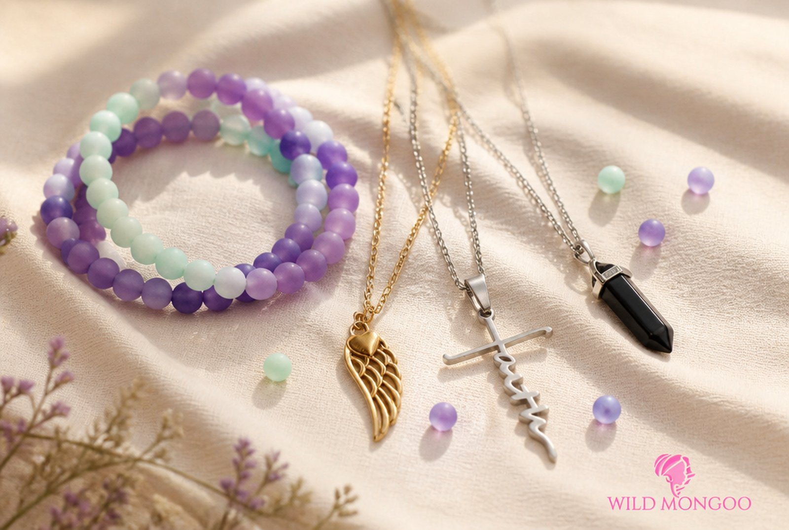 Wild Mongoo jade bracelets, angel wing, cross and obsidian necklaces styled together in natural light
