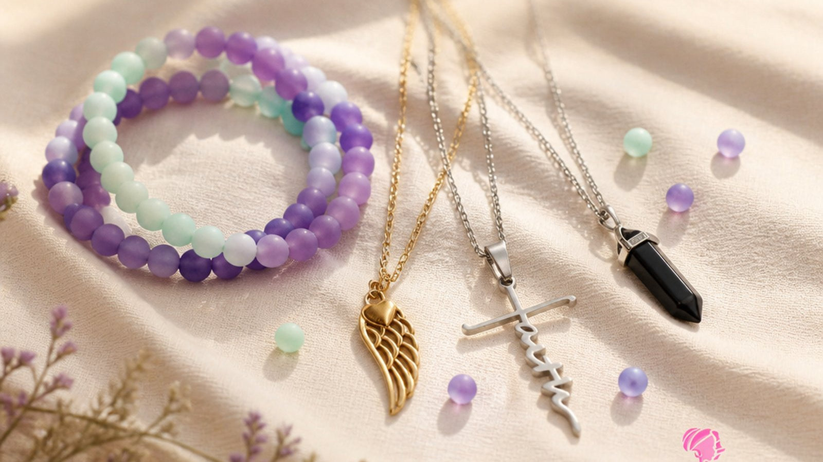 Wild Mongoo jade bracelets, angel wing, cross and obsidian necklaces styled together in natural light