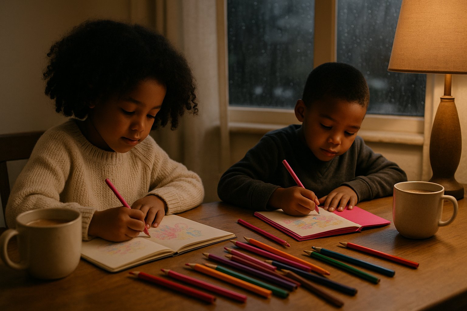 School holiday activities - children drawing and journaling at a warm table on a rainy winter day in South Africa