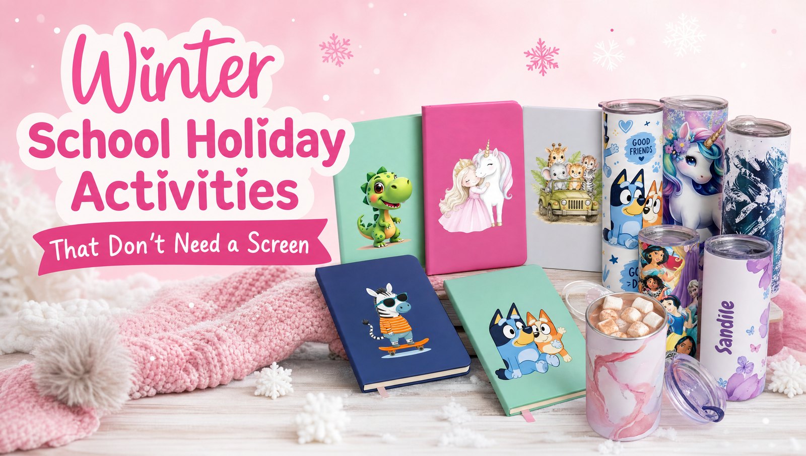 Wild Mongoo kids notebooks and character tumblers for screen-free winter school holiday activities