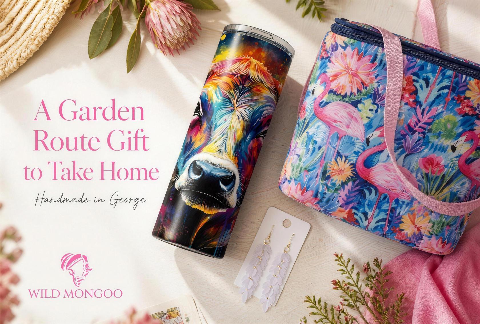 Handmade gifts George: Wild Mongoo's cow tumbler, flamingo cooler bag and petal earrings styled with fynbos
