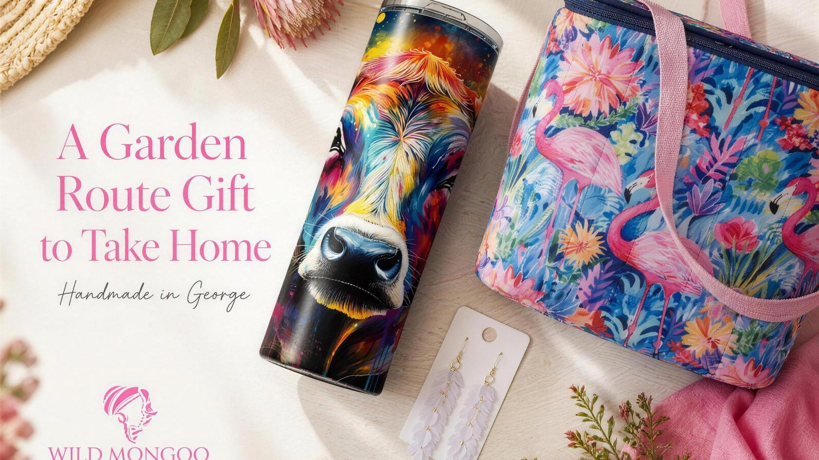 Handmade gifts George: Wild Mongoo's cow tumbler, flamingo cooler bag and petal earrings styled with fynbos
