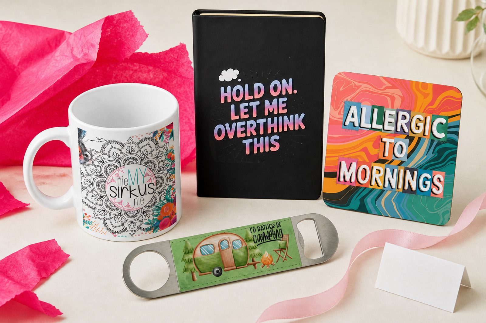 Secret Santa gifts from Wild Mongoo: a Nie My Sirkus mug, an overthinker notebook, a camping bottle opener and a coaster