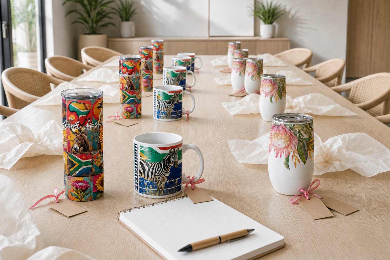 South African corporate gifts on a boardroom table: SA flag mugs, South Africa tumblers and protea tumblers with name tags