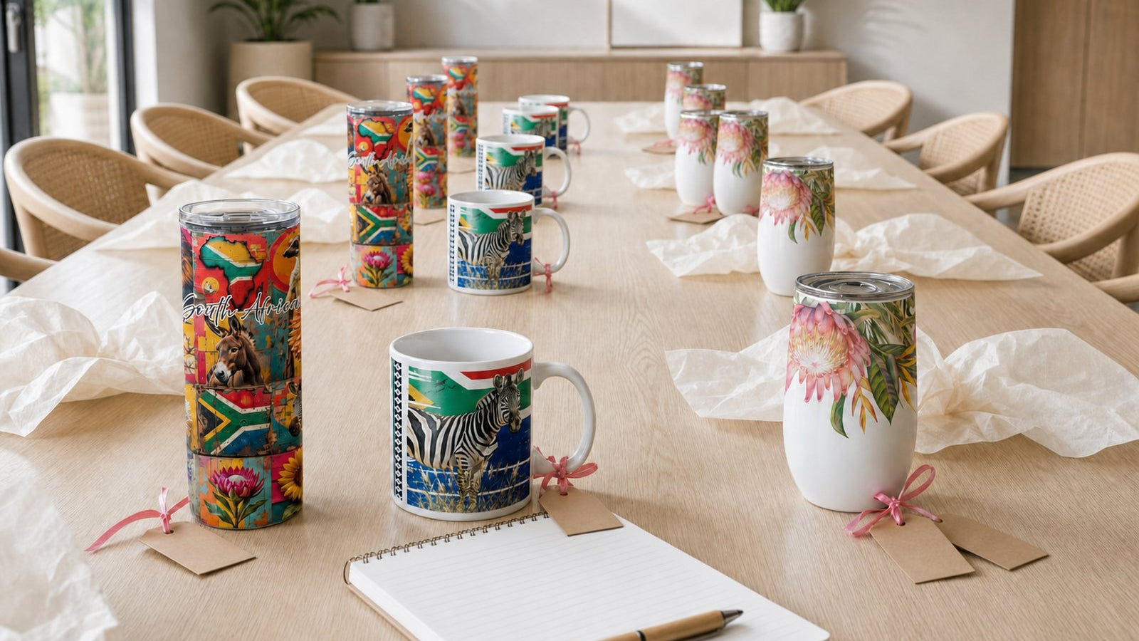 South African corporate gifts on a boardroom table: SA flag mugs, South Africa tumblers and protea tumblers with name tags