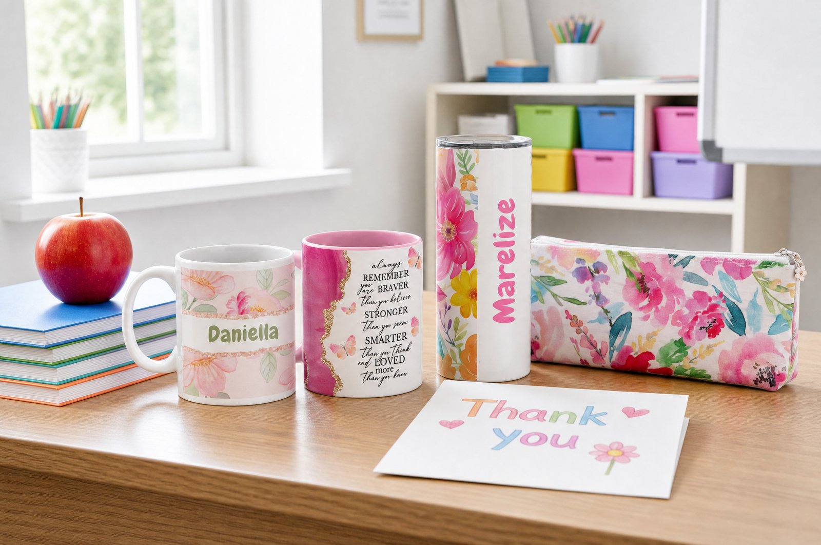 Teacher gift ideas from Wild Mongoo: personalised floral mug, name tumbler, pencil bag and quote mug on a classroom desk
