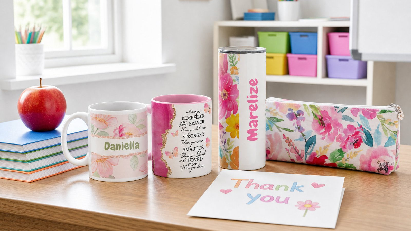 Teacher gift ideas from Wild Mongoo: personalised floral mug, name tumbler, pencil bag and quote mug on a classroom desk