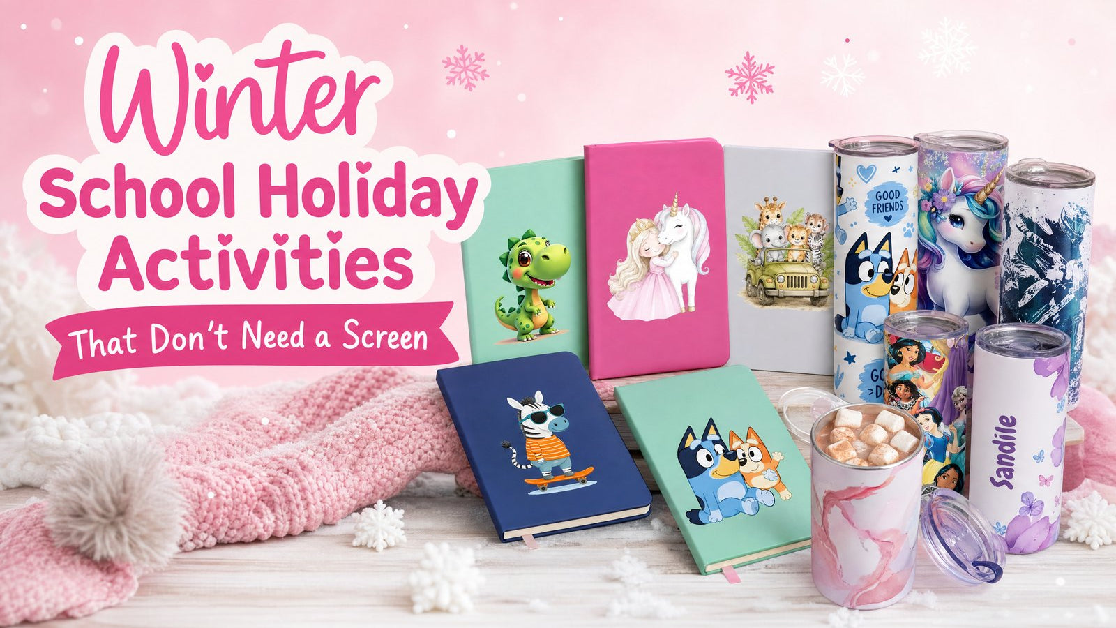 Wild Mongoo kids notebooks and character tumblers for screen-free winter school holiday activities