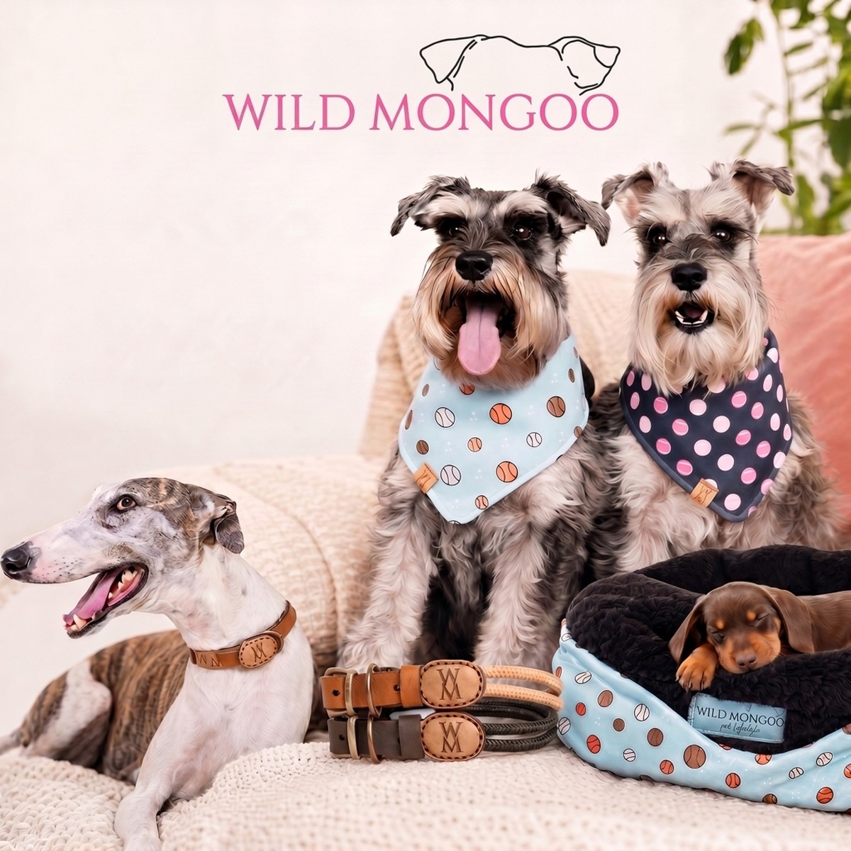 Wild Mongoo Pet hero - two schnauzers, a whippet and a dachshund puppy on a Wild Mongoo pet bed wearing branded bandanas, with the Wild Mongoo logo