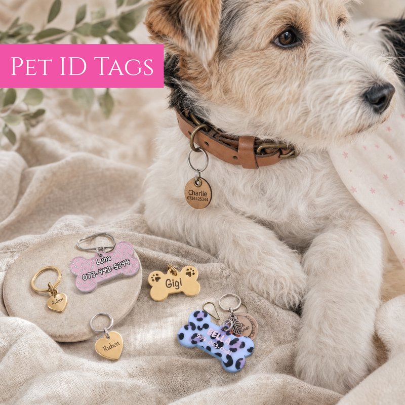 Pet ID tags - hand-engraved personalised dog and cat name tags by Wild Mongoo